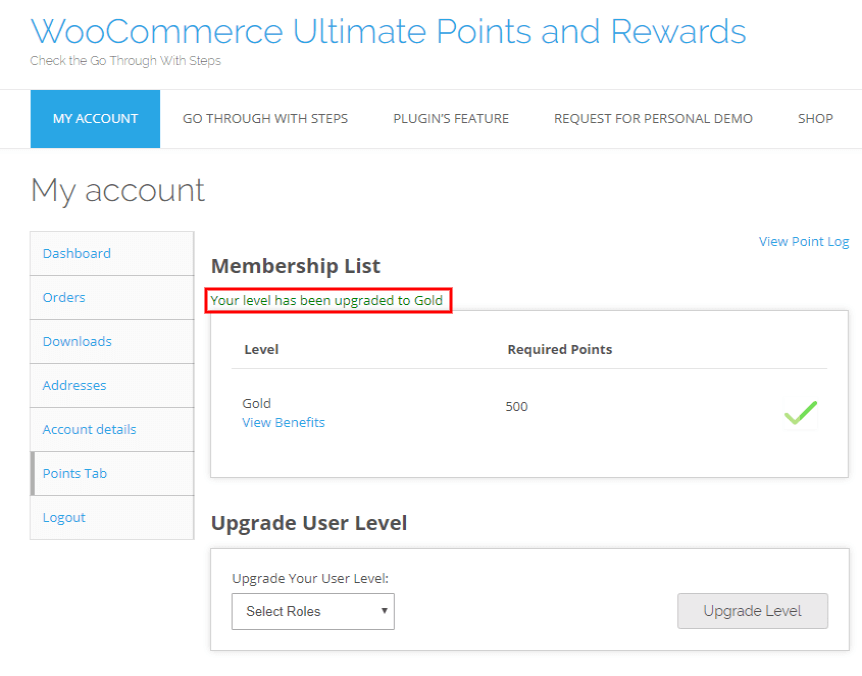 woocommerce points and rewards-enter-view-upgrated-level