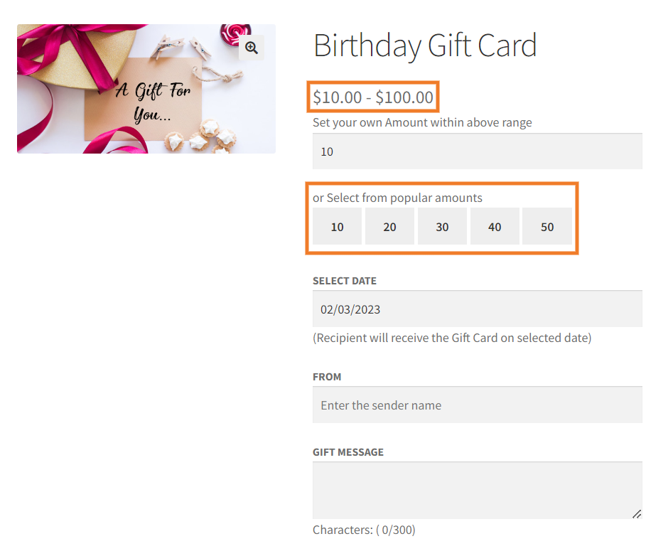 select the giftcard price range