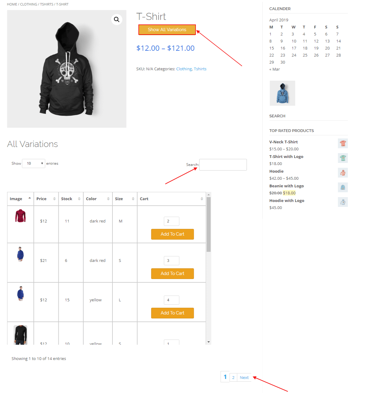 woocommerce product variation table pagination