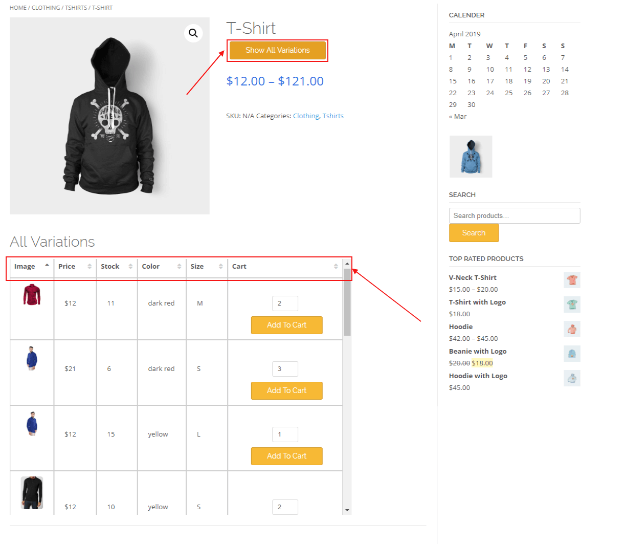 woocommerce table view for variations table
