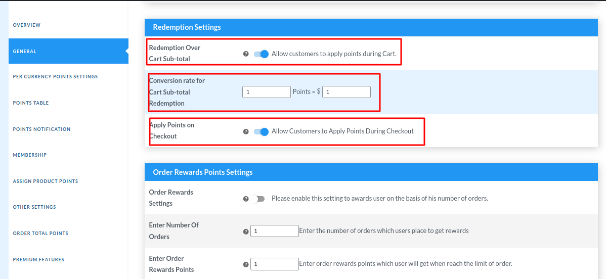 redemption points settings