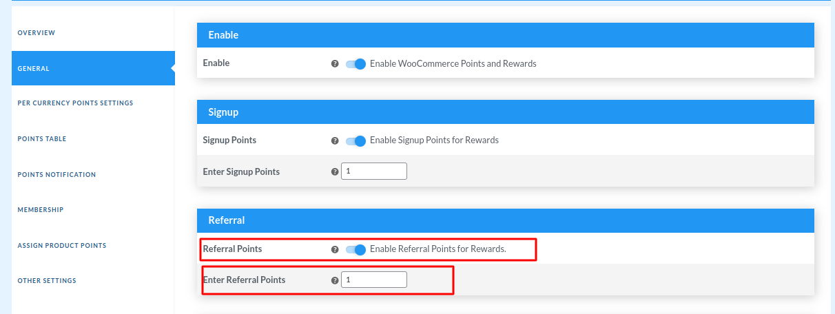 points and rewards referral setting