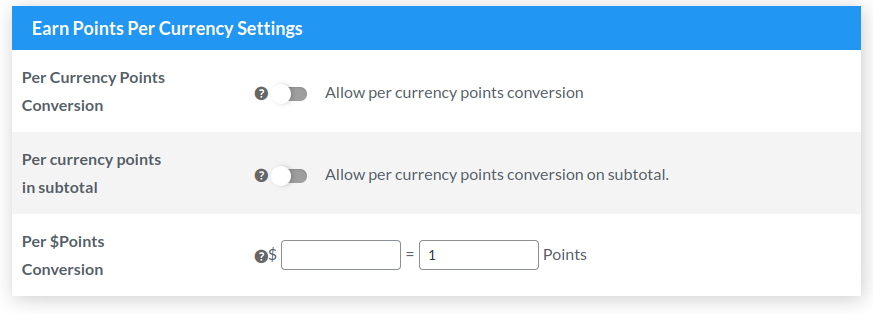 Earn Points Per Currency Points Settings