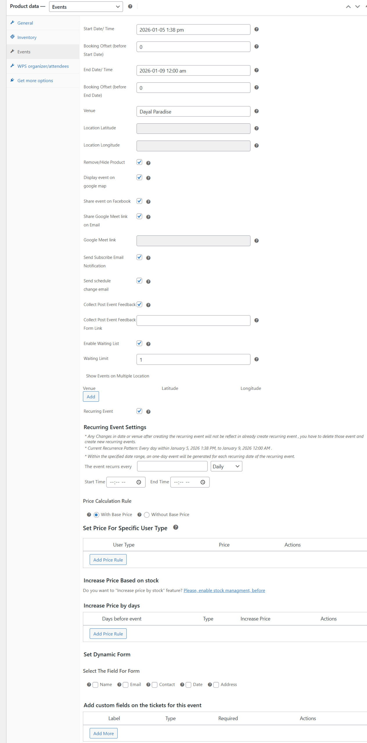 product settings events
