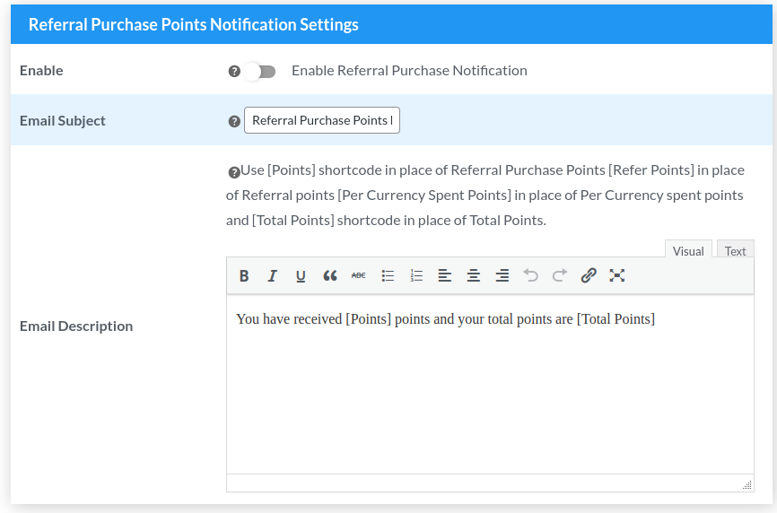 referral purchase points notification setting