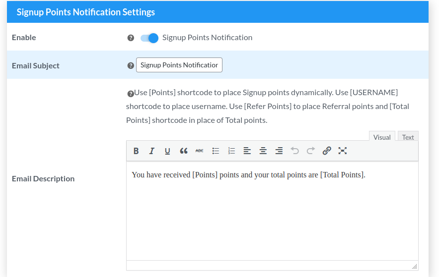 signup points notification settings