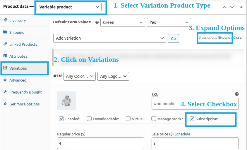 assigning subscriptions to variable products