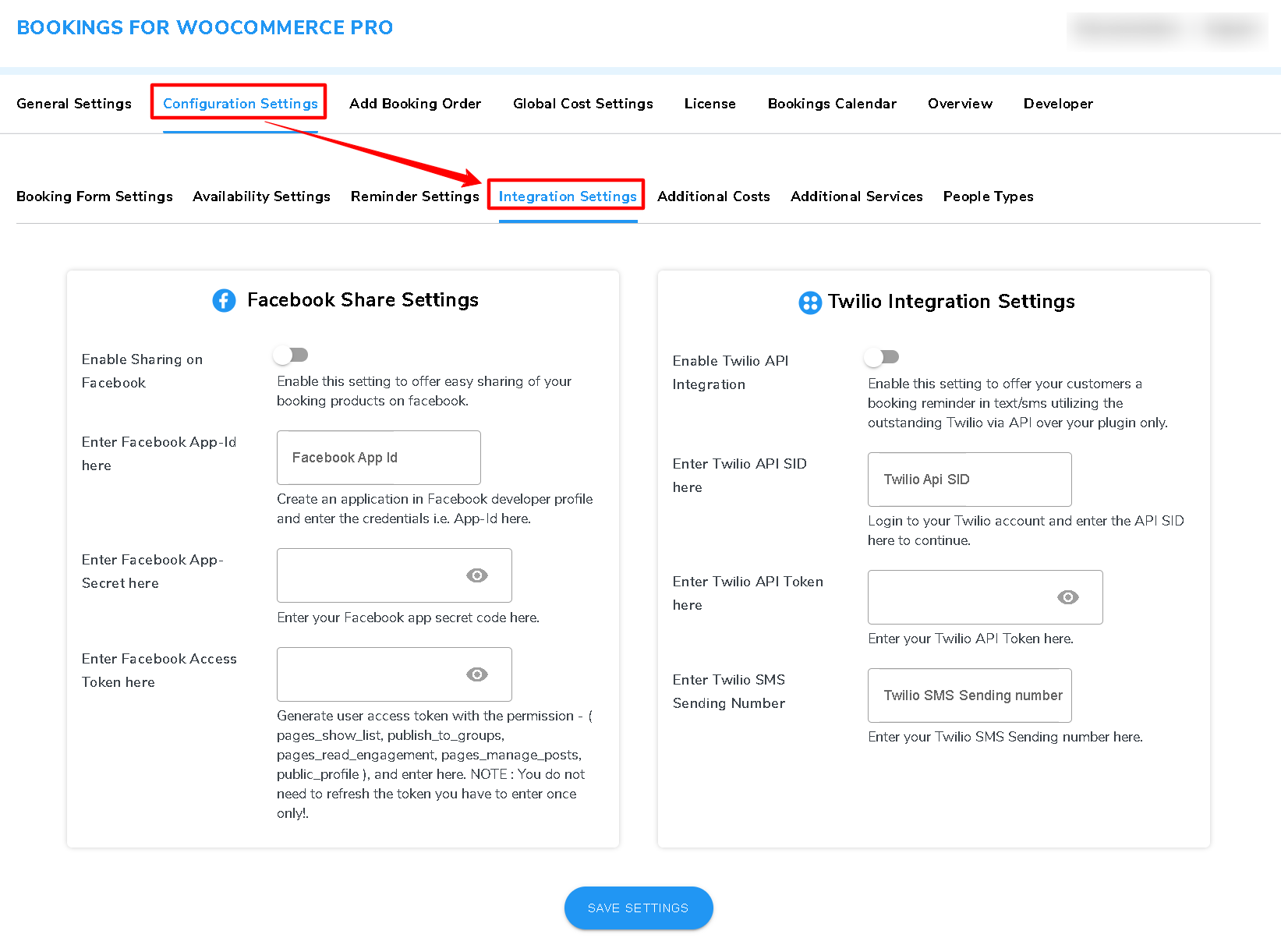 bookings integration settings