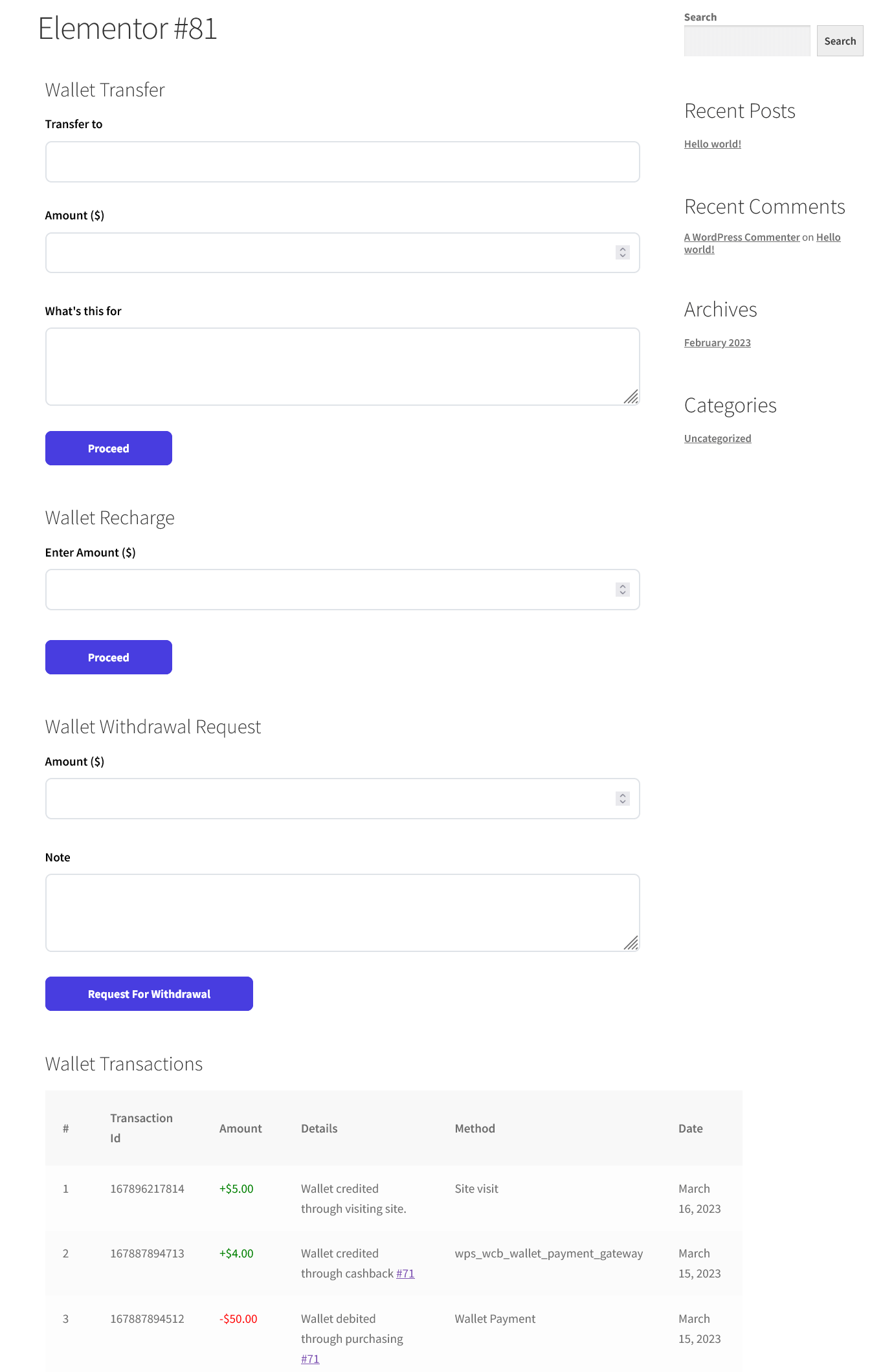 page showing frontend functions