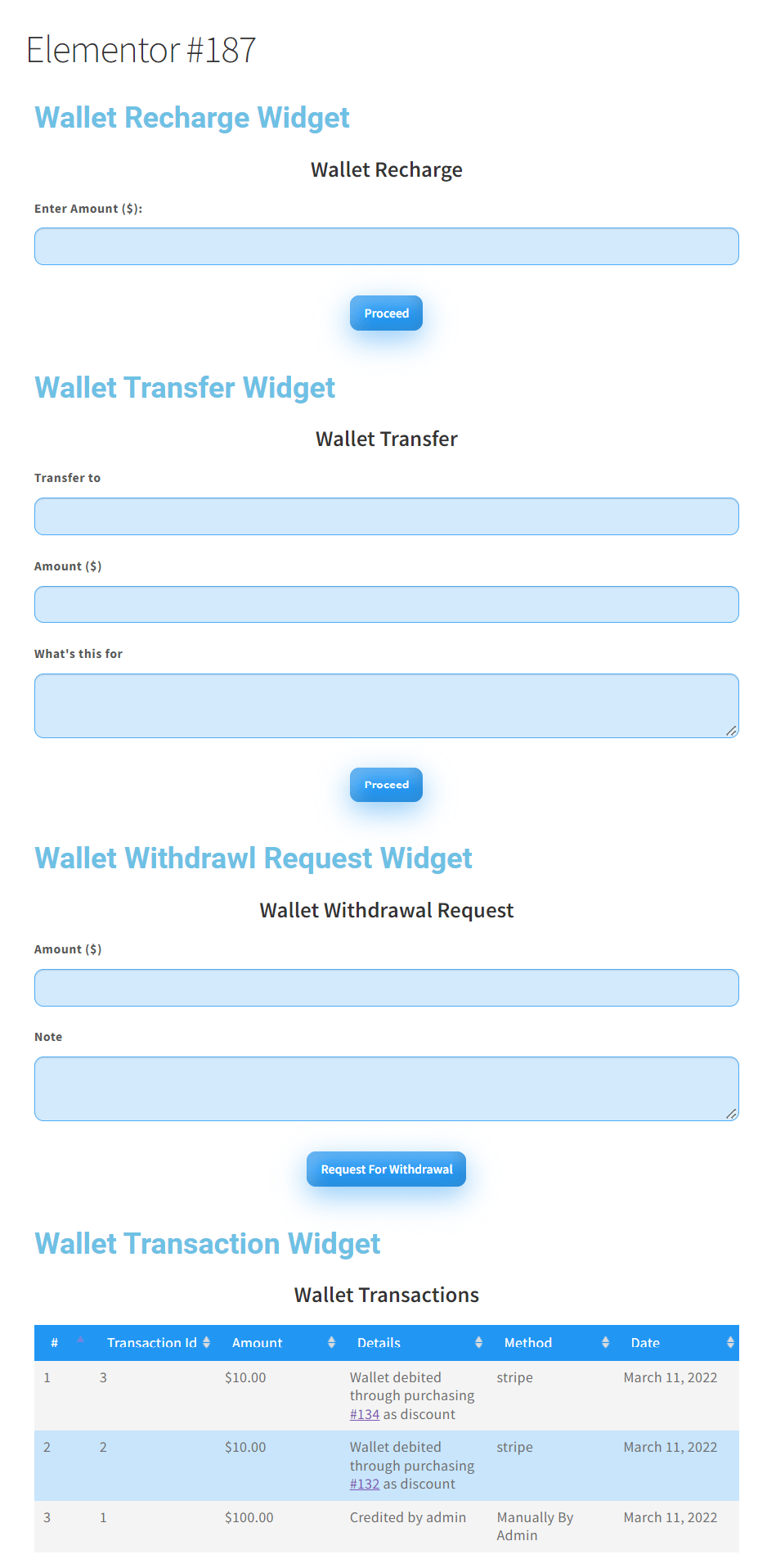 wallet Elementor widgets page