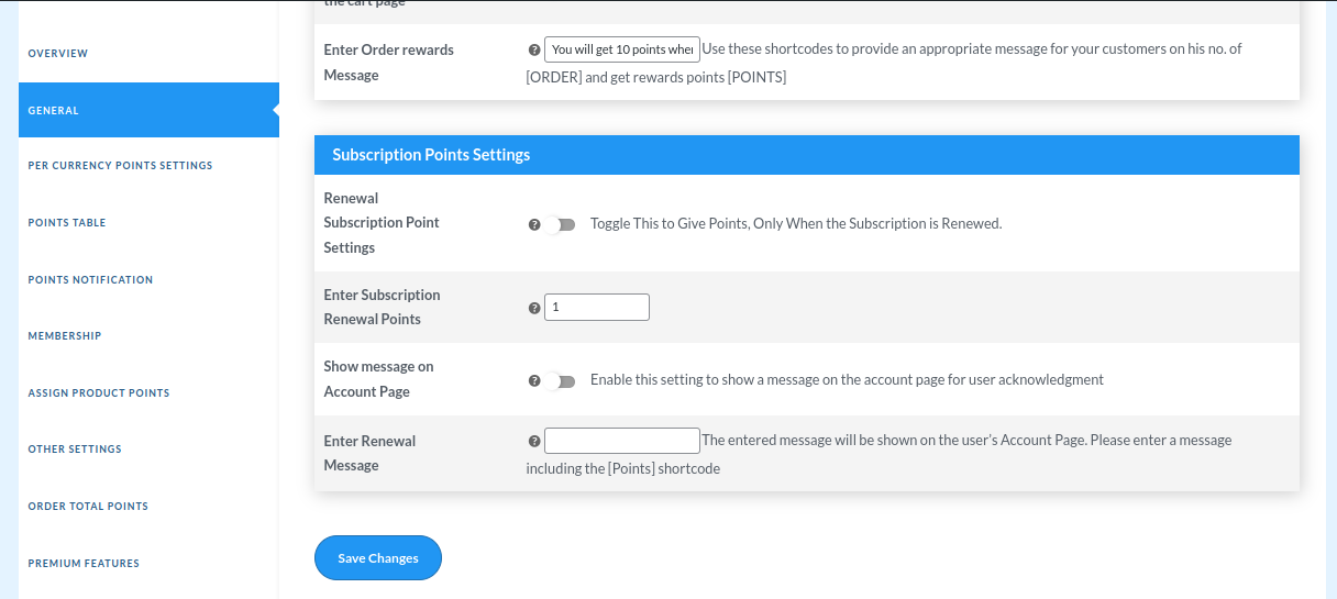 subscriptions points setting