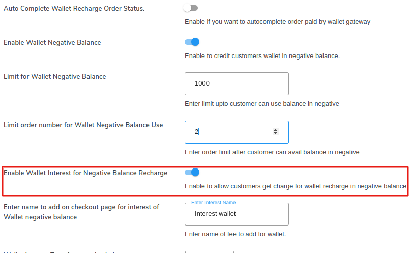 enable wallet interest for negative balance