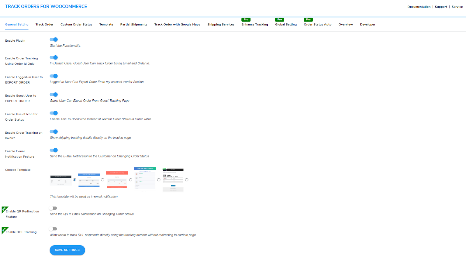 tracking orders general setting