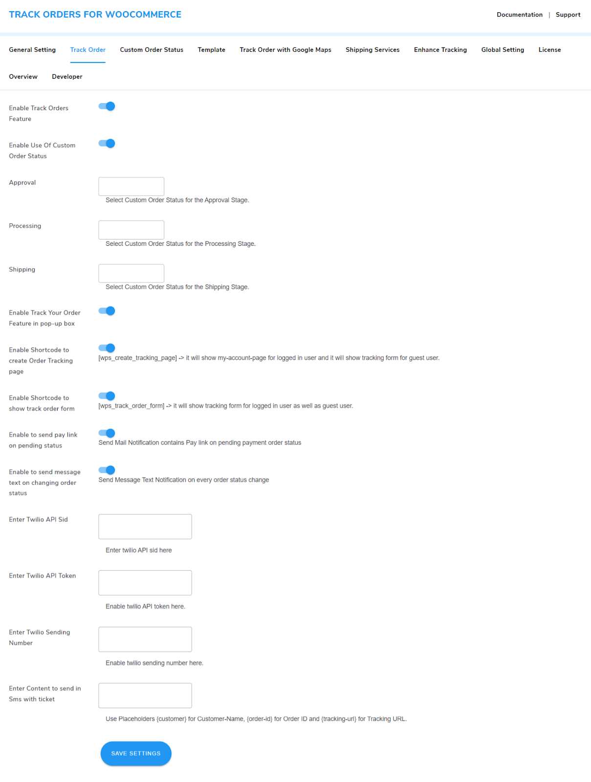 track orders settings 