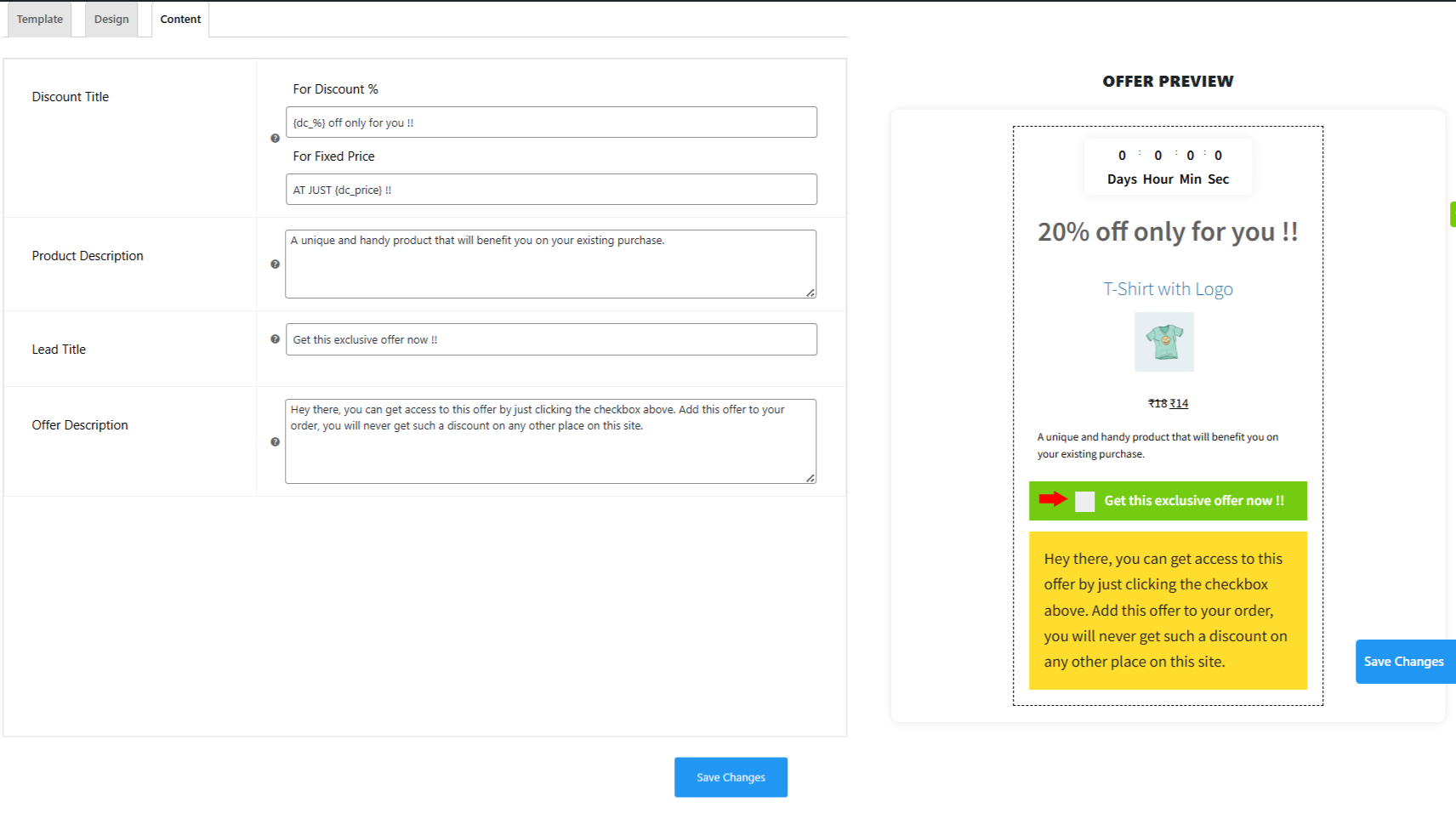 appearance - content - order bump settings