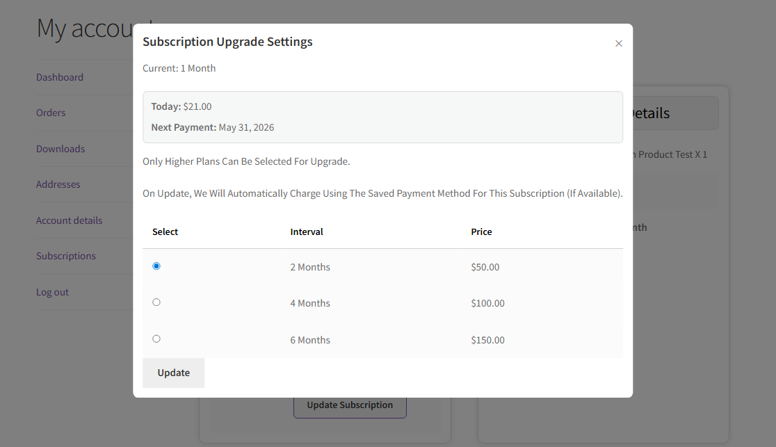 Subscription upgrade settings
