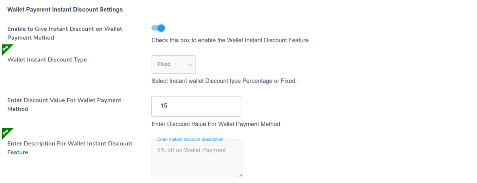 wallet payment instant discount settings